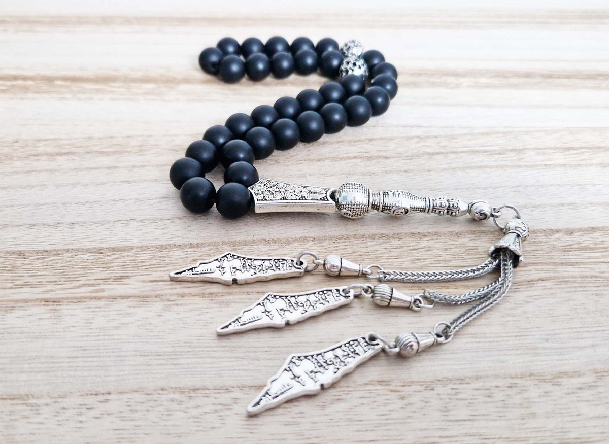 Handgemaakte tesbih "tasbih" natuursteen "Mat zwart onyx" - Aantal kralen 33 - Diameter kralen 10 MM - met metaal tassel "model 9" - Een mooi cadeau-idee