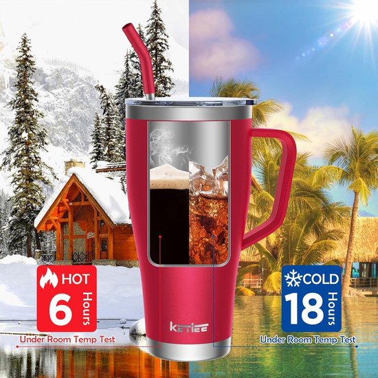 Gobelet isotherme avec paille 850 ml - Mug de voyage en acier inoxydable avec 2 couvercles - Mug à café de voyage pour boissons chaudes et froides