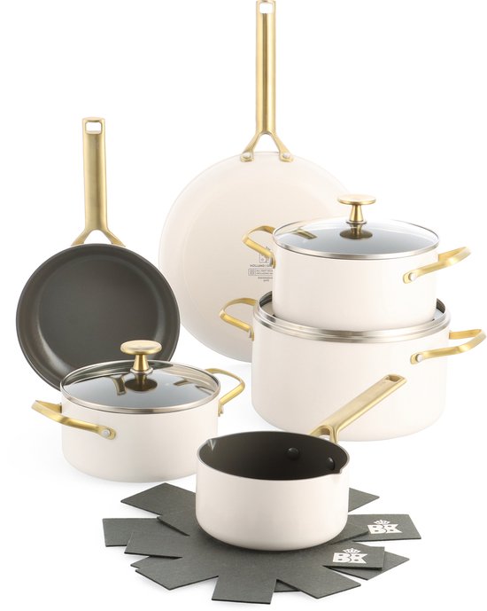 BK Sublime 11-delige pannenset met deksels - PFAS vrij - cream white - gouden stainless steel handgrepen - ovenbestendig tot 220°C