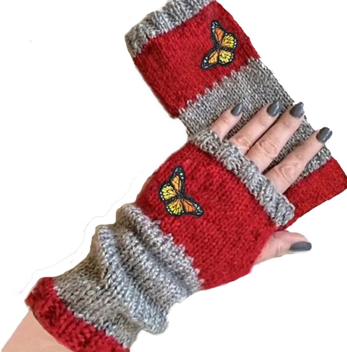Retro gebreide handschoenen - vingerloos - met geborduurde vlinder - Rood