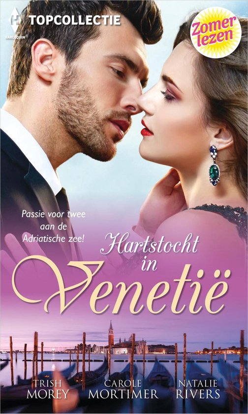 Man en vrouw kussen met Venetië en gondels op de achtergrond. "Hartstocht in Venetië" staat in grote letters.