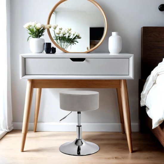 Duhome Draaibare Kaptafel van Kunstleer, Make-up Kruk Rond met Bekleding in Hoogte Verstelbaar voor Slaapkamer Woonkamer Keuken, rème