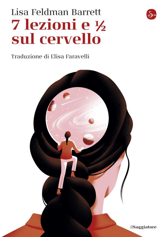 Boek "7 lezioni e 1/2 sul cervello" met illustratie van een hoofd met daarin een universum en een persoon die klimt.