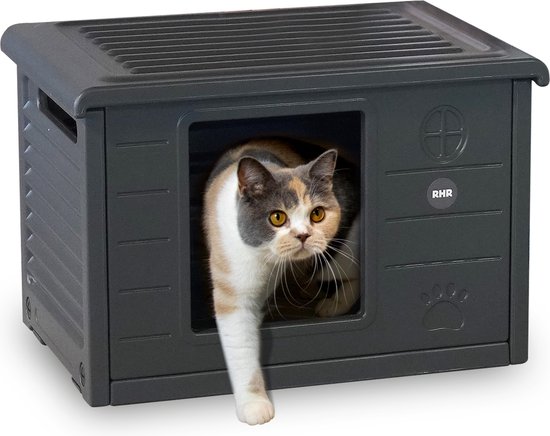 RHRQuality Kattenhuis - Villa de Luxe – Voor Binnen & Buiten – Weersbestendig & Verplaatsbaar – Met XL Ingang (22x26 cm) – Donker Grijs