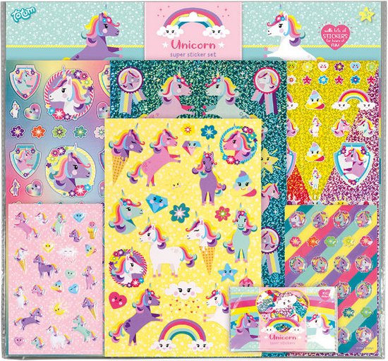 Totum Unicorn stickers super sticker set XL 8 vellen - incl. luxe stickers met eenhoorn thema 38 x 36 cm - inclusief spelletjes - creatief speelgoed meisjes en jongens vanaf 3 jaar