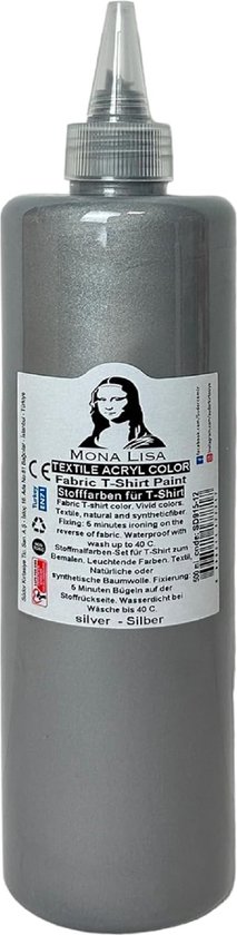 Bouteille argentée avec étiquette "Mona Lisa"; texte: "TEXTILE ACRYLIC COLOR Fabric T-Shirt PAINT Stofffarben für T-Shirt"