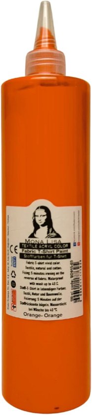 Peinture textile orange dans une bouteille souple. Étiquette avec Mona Lisa et "MONALISSA TEXTILE ACRYL COLOR".