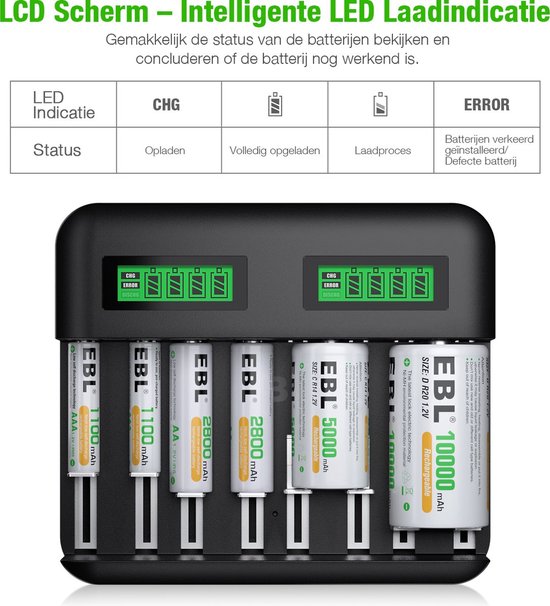 CITYORK LCD universal charger, for batteries 8 AA/AAA or 4 C/D, independent charging channel via fast charger - with 4 * D cells 8000mAh NI-MH batteries