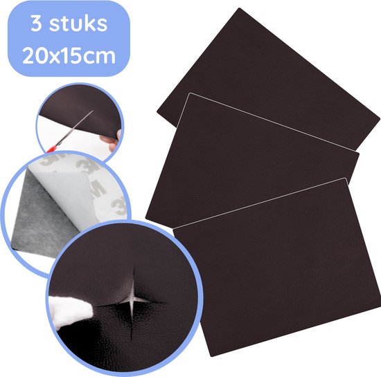 Hilvard - Leer reparatie set - Meubel reparatie set - Zelfklevend nepleer - Meubelfolie - Donkerbruin - Set van 3 stuks - 20x15cm