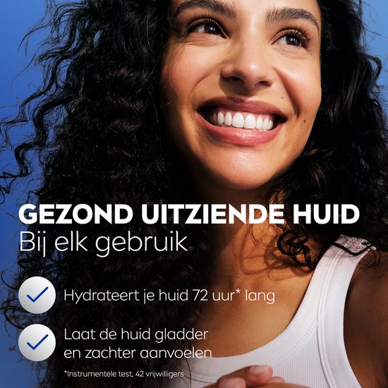 Gezond uitziende huid bij elk gebruik. Hydrateert 72 uur, maakt huid gladder.