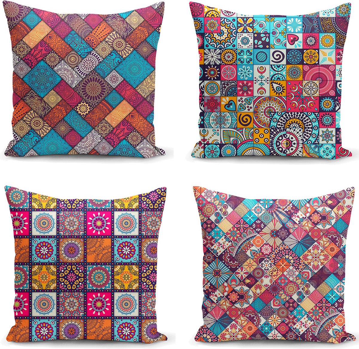 Kwube Kussenhoes 45x45 cm - Set Van 4 - Decoratieve Kussenhoes - Met Kelimmotief - Kussensloop - Kussensloop Gooien - Kussenhoesjes - Decoratief Gooi Kussen - Met rits - Zonder Binnenkussen Kussenhoes - Voor Sierkussen Multi