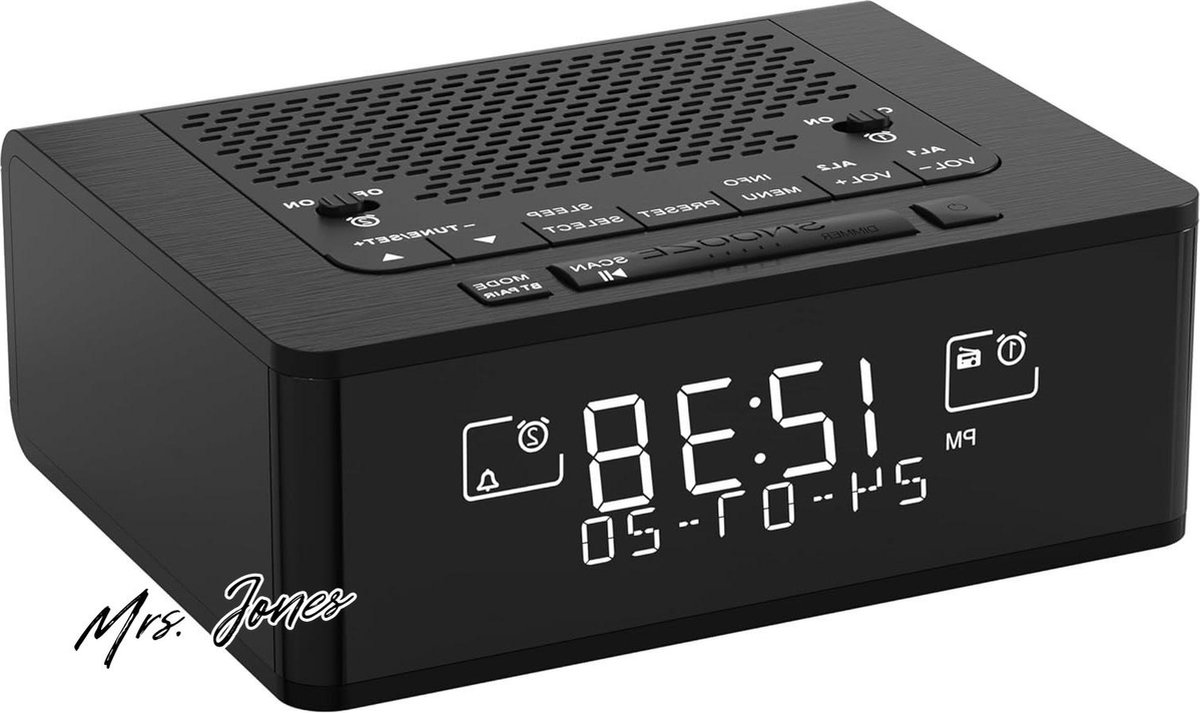 Mrs. Jones Radiowekker met 40 voorkeuzezenders - dimbaar LCD-scherm - dubbele wekker - snoozefunctie - Bluetooth - iTOMA 525 .