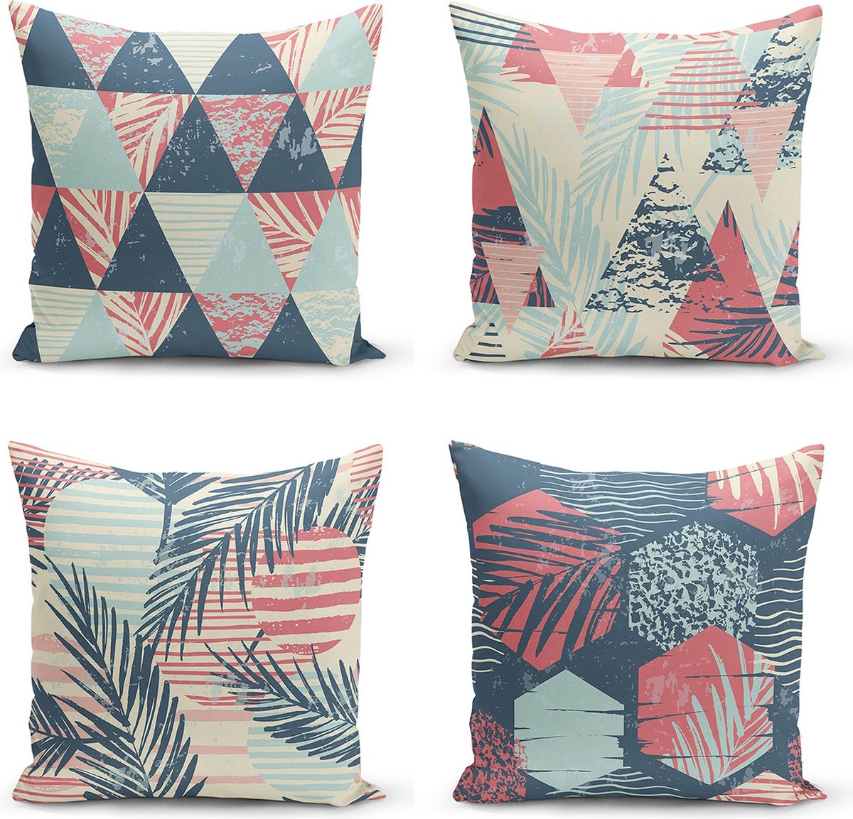 Kwube Kussenhoes 45x45 cm | Geometrische Tekeningen op Een Kleurrijke Achtergrond Set van 4 kussenhoezen | Kussensloop | Kussensloop Gooien | Decoratieve Kussenhoesjes | Decoratief Gooi Kussen | Met rits | Zonder Binnenkussen Kussenhoes | Voor Sierkussen Blauw