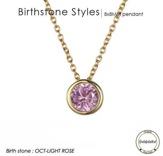 Gouden ketting met een ronde lichtroze steen. De tekst "Birthstone Styles" en "OCT-LIGHT ROSE" staat in de afbeelding.