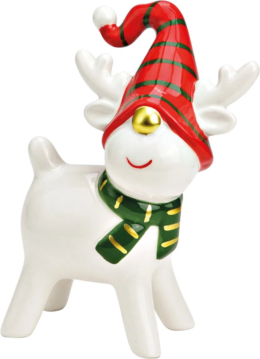 Beeldje kerst rendier wit met grote rode kerstmuts en groene sjaal