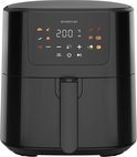 Zwarte Inventum heteluchtfriteuse met digitaal display, ingesteld op 200 graden.