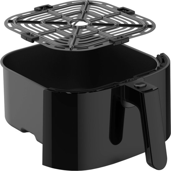Zwarte Inventum heteluchtfriteuse mand met grillrooster en handvat.