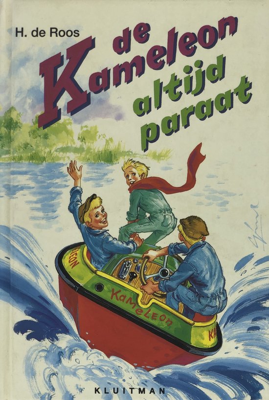 Boekcover: Drie jongens in een boot genaamd 'Kameleon' varen met hoge snelheid.