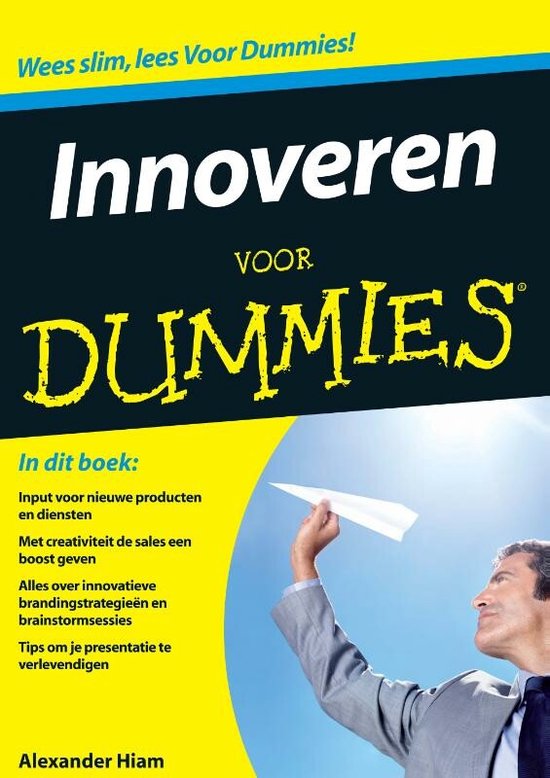 Boek 'Innoveren voor Dummies' met een man die een papieren vliegtuigje gooit.