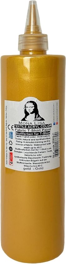 Peinture textile dorée "MONA LISA Textile Acrylic Color" dans un flacon souple, avec étiquette.