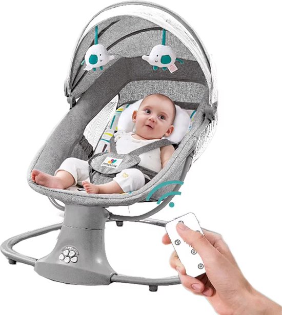 PolderGoods - Baby Swing - Elektrische Babyschommel - Automatische Wipstoel - Met slimme afstandsbediening | 5 punts veiligheidsgordel | Verstelbare rugleuning | Grijs