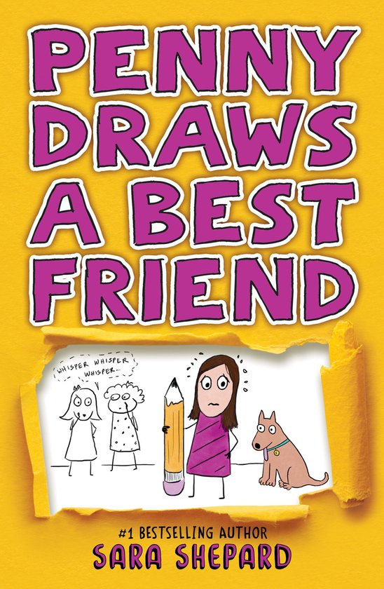 Boekomslag Penny Draws a Best Friend met een meisje, een hond en een groot potlood op een gele achtergrond.