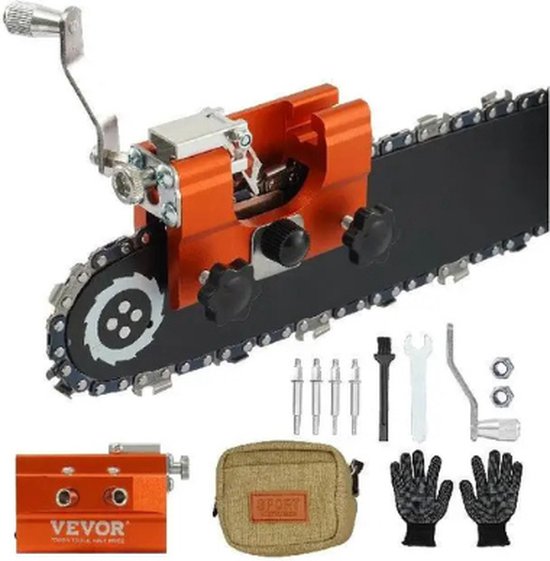 Oranje kettingzaagslijper met accessoires, waaronder handschoenen en een draagtas.