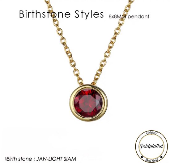 Gouden ketting met een ronde rode edelsteen, met de tekst "Birthstone Styles" en "8x8MM pendant".