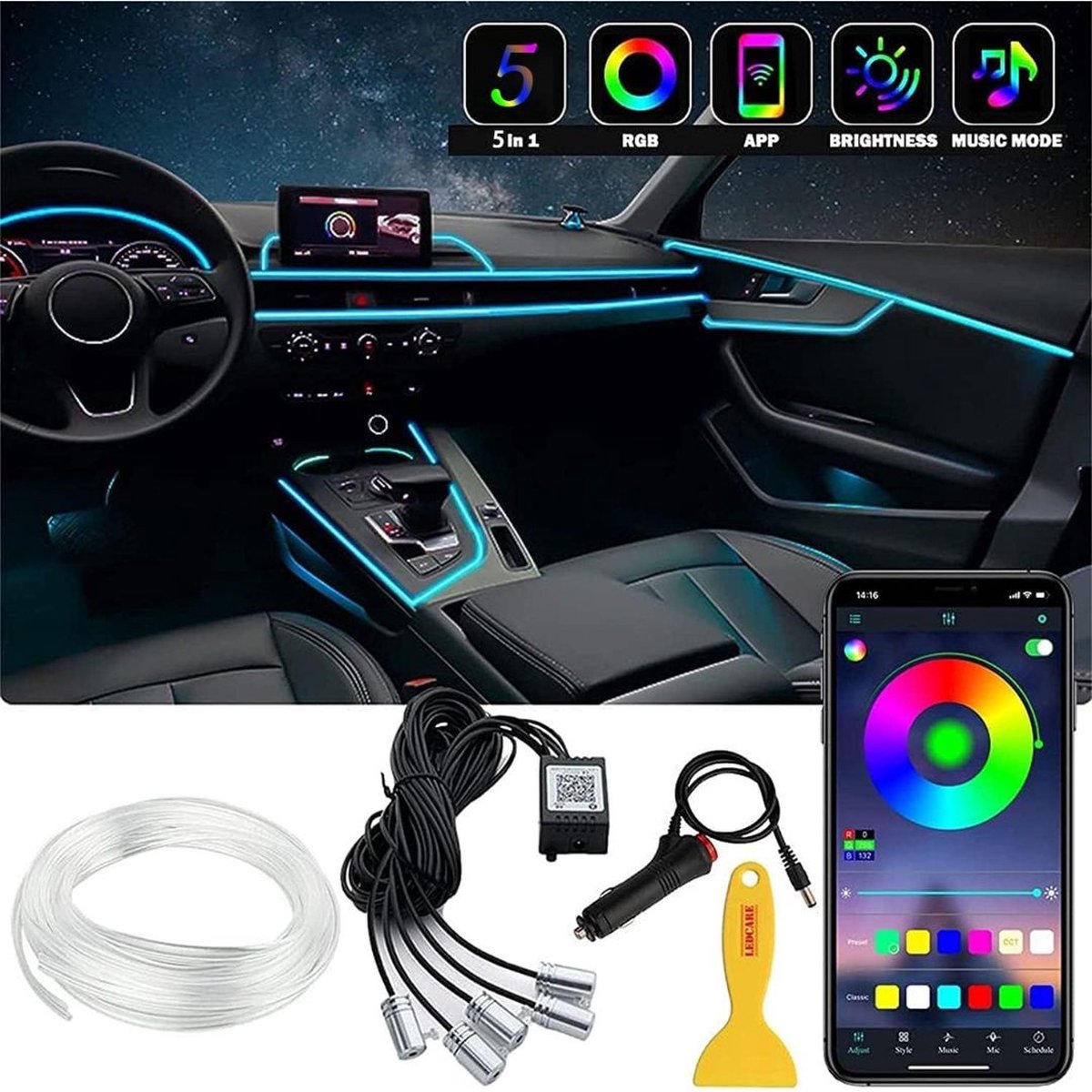 MKSS® Auto Interieur Verlichting - Led Strip Auto – 6M – Met App - Multicolor