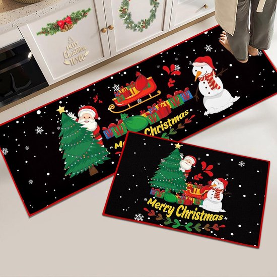 Tapis De Cuisine Noël Antidérapant Lavable - Set 2 Tapis Festifs Pour Entrée, Salon, Salle De Bain (Noël A, 40x120 + 40x60 Cm)