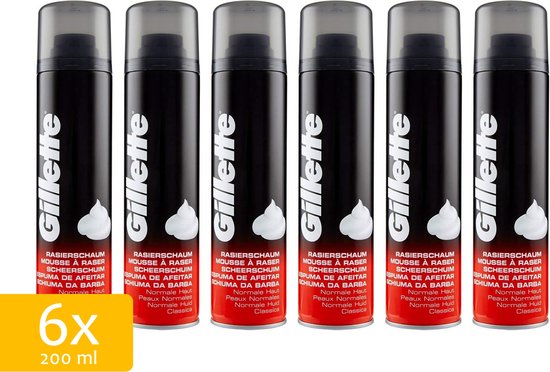 Zes Gillette scheerschuim bussen, 200 ml, voor normale huid, met logo.