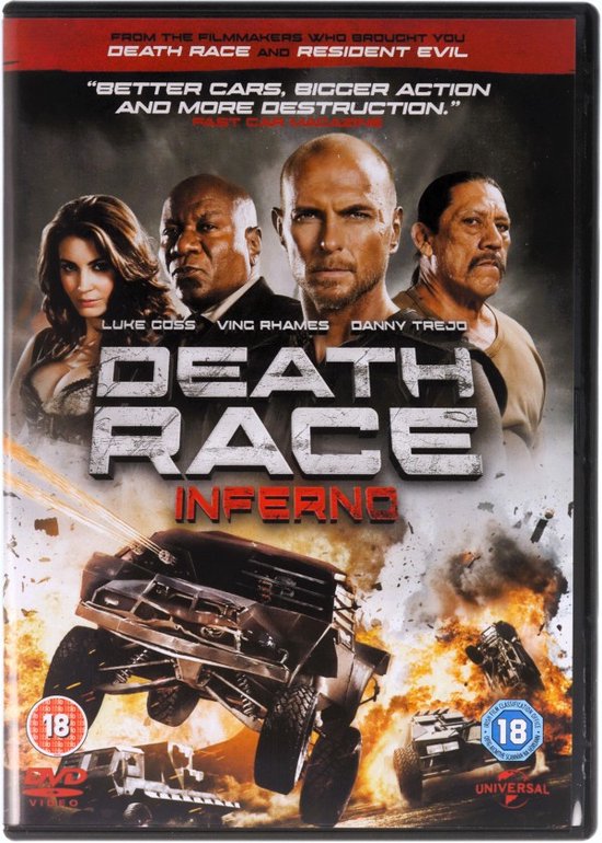 DVD-hoes van Death Race: Inferno met vier hoofdrolspelers en een woeste auto vooraan. Vuur en rook op de achtergrond. Bevat een waarschuwing van 18 jaar en ouder.