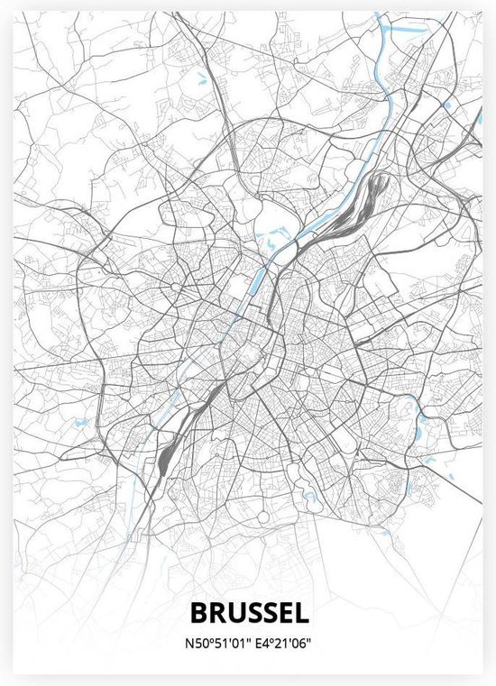 Carte de Bruxelles - Affiche A3 - Style bleu Zwart