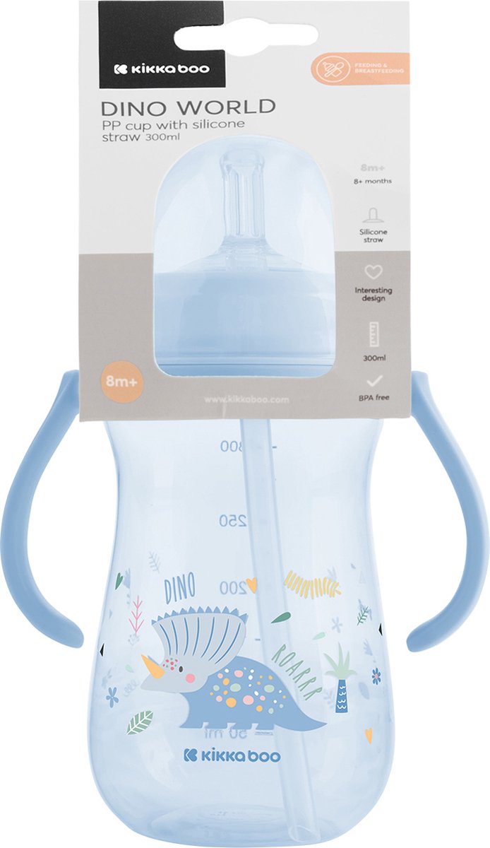 Kikkaboo Dino Wereld Beker Met Siliconen Rietje - 300ml - Blauw