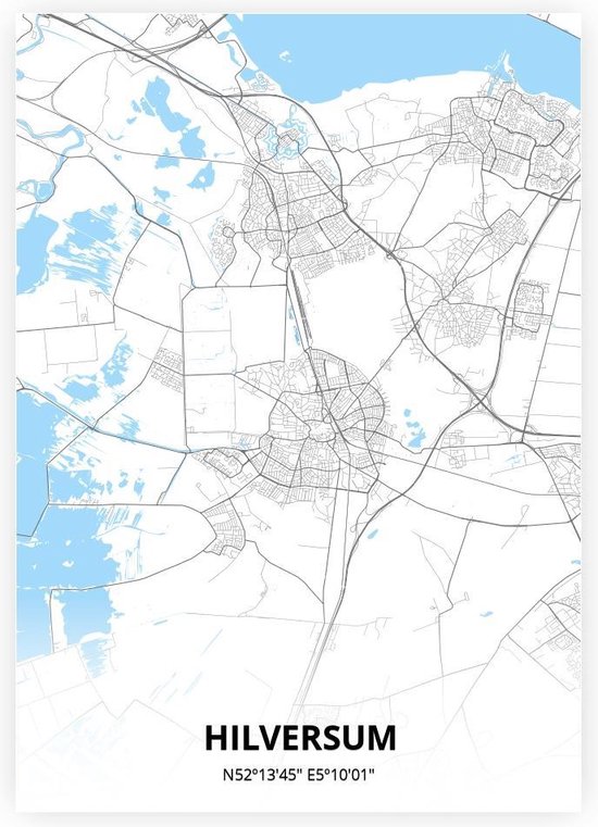 Hilversum plattegrond - A4 poster - Zwart blauwe stijl