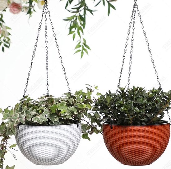 Keter Hangende Bloempot – Rotanlook, Met Ketting, 8,6 Liter, Uv-bestendig, Koffiekleur