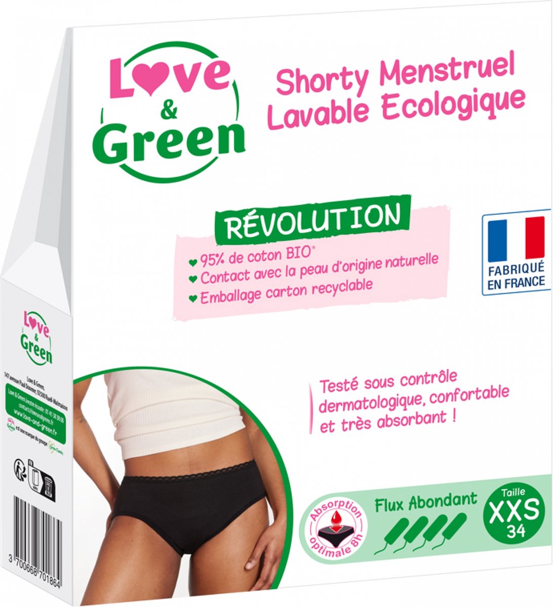Goedkoopste Love & Green Menstruatie Shorty Wasbaar Zwart Abundant Flow (Maat XXS - 34