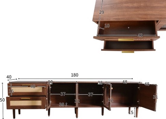 HollyHOME TV-tafel, lage TV-bank, 140 cm, kleine TV-kast met rotan HollyHOME TV-tafel, lage TV-bank, 140 cm, kleine TV-kast met rotan