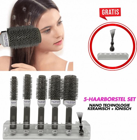 Guardian Beauty Föhnborstel - 5 Delige - Rond - Keramisch & Ionisch - Grijs - Met Haarborstelreiniger en Standaard