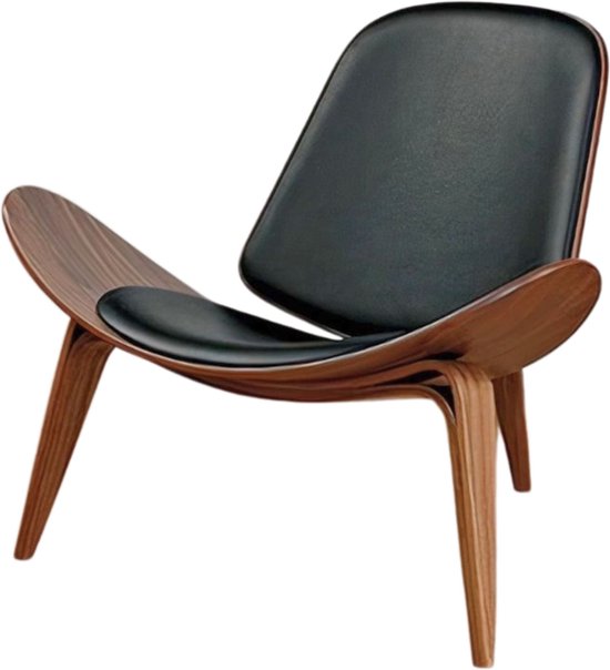 Shell Chair - Walnoot Hout - Zwart Leer - Stoel - Fauteuil - Loungestoel - Chair