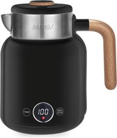 Bol.com MPM Dubbelwandige Waterkoker 1.5 Liter Retro Woodlook met Temperatuur Instellingen - 2200W - Digitaal Display - RVS - Zwart aanbieding