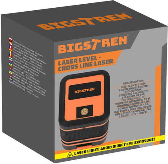 Verpakking van een zwarte en oranje laserwaterpas met "BIGSTREN LASER LEVEL" erop.