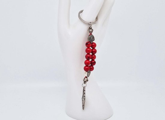 Porte-clés en pierre naturelle fait main "Howlite rouge" - Avec pendentif en métal - "Palestine" - Diamètre du grain 8 mm - Bel accessoire et décoration pour la voiture - Vaderdag - Cadeau fête des mères - Cadeau amis
