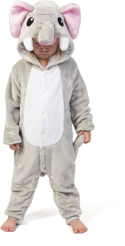 KIMU Onesie Grijze Olifant Pak - Maat 140-146 - Olifantenpak Kostuum Grijs Slurf - Kinder Huispak Jumpsuit Pyjama Dierenpak Jongen Meisje Halloween