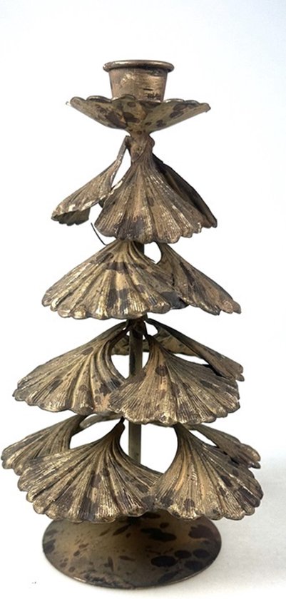 Foto: Kandelaar ginkgo bladeren metaal antiek goudkleur 13x22 5cm