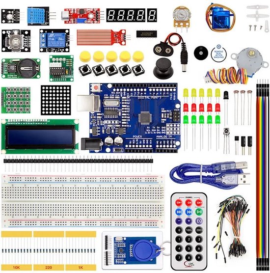 Foto: Arduino uno r3 compatible starterskit met rfid en vele accessoires in plastic opbergdoos