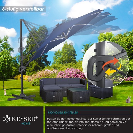 Donkerblauwe zweefparasol in verschillende neigstanden, met verstelmechanisme en tuinmeubelen op de achtergrond.