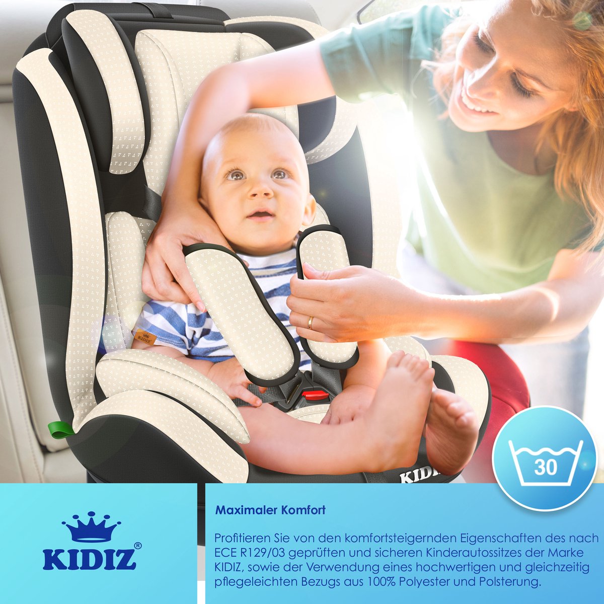 KIDIZ® kinderautostoeltje | kuip autostoeltje | 9 kg - 36 kg 1-12 jaar | groep 1/2 / 3 | universeel | goedgekeurd volgens ECE R44/04 | 6 verschillende kleuren | - Beige thumbnail 6