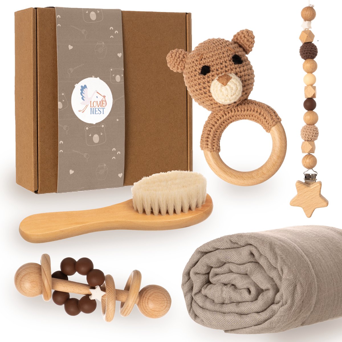 Goedkoopste Love Nest Kraamcadeau Jongen / Meisje - Baby Cadeau Babyshower - Baby Bijtring, Speenkoord en Knuffeldoekje - Kraammand met Kraamcadeautjes