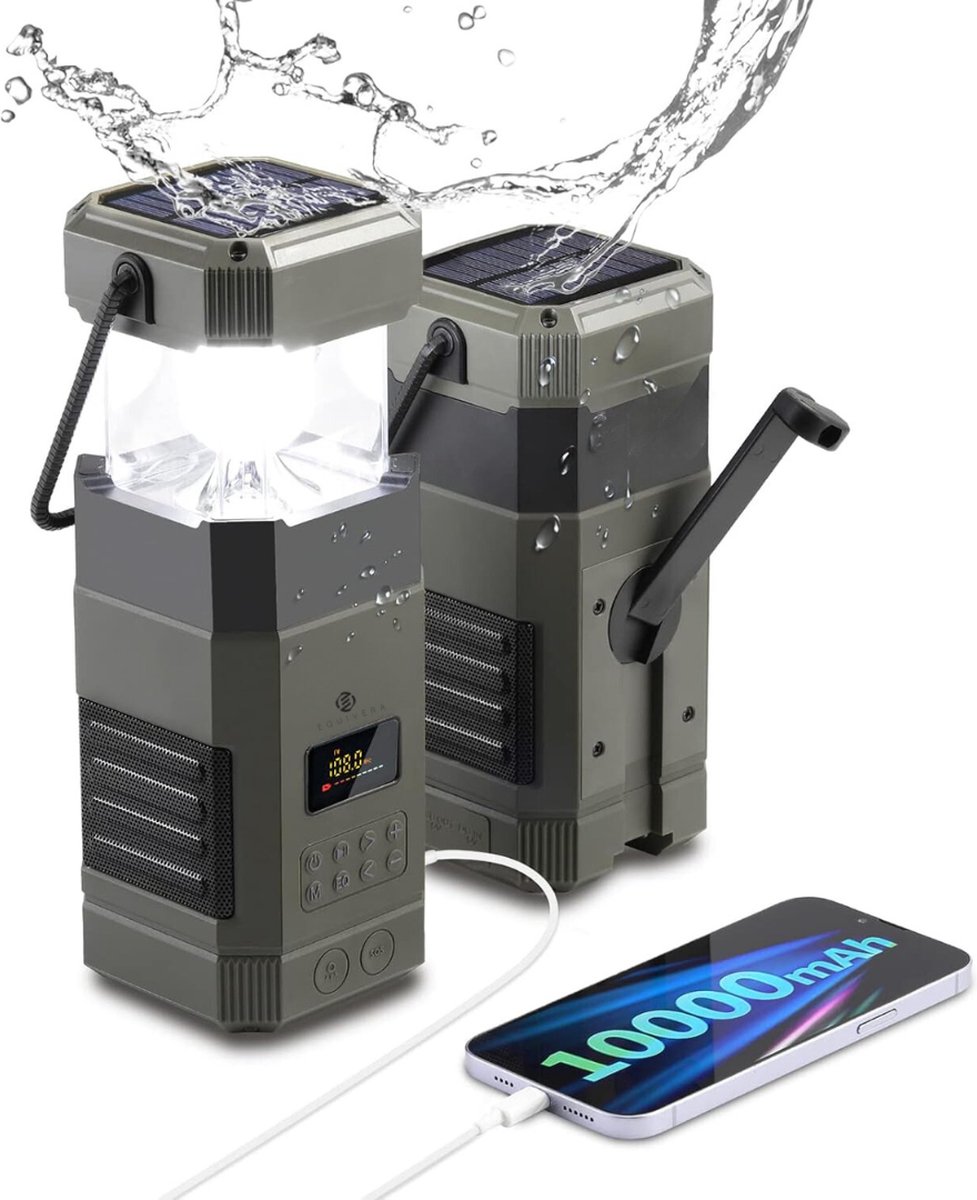 Noodradio - Noodradio Opwindbaar - Draagbare Zwengelradio met Bluetooth-luidspreker - FM Radio met Crankdynamo - 10.000 mAh Batterij - IPX6 Waterbestendig - LED-Zaklamp en SOS-Alarm - Geschikt voor Buiten en Noodgevallen